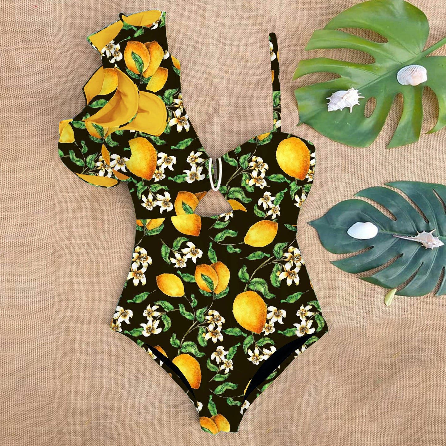 Ruffle Print Floral One Piece Strappy One shoulder Swimwear Women Swimsuit Bathing Suit Backless Beachwear Monkini