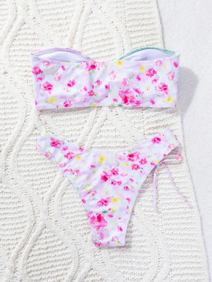 Flower Print Two Piece Swimsuit for Women Summer Strapless Backless Bikini Set Beach Vacation V-neck Backless Swimwear