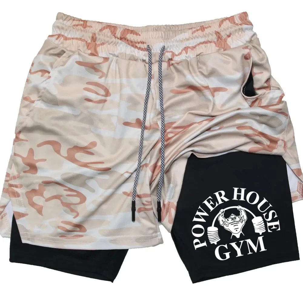 Camouflage running shorts for men's gym sports shorts 2-in-1 quick drying exercise training gym fitness jogging shorts for summer