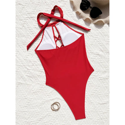 S - XL 7 Colors Lace Up High Neck Full Back Women Swimwear One Piece Swimsuit Female High Leg Cut Bather Bathing Suit Swim