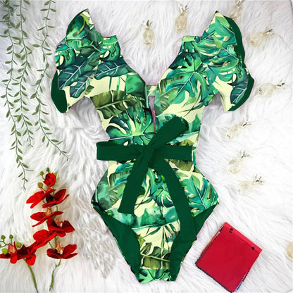 Ruffle Print Floral One Piece Strappy With Belt Swimwear Women Swimsuit Bathing Suit Backless Beachwear Monkini
