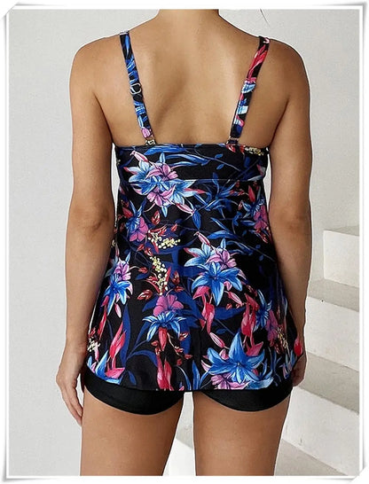 Drawstring Tankini Set Two Piece Swimsuit Short Women Floral Printed Swimwear Female Bathing Suit Beachwear Swimming