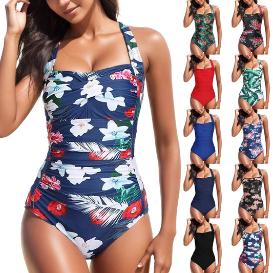 Women Vintage One-Piece Monokini Square Neck Halter Backless Conservative Bathing Suit Vacation Swimwear Large Size Beach Wear