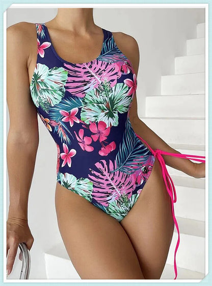 Lace Up Back Swimsuit One Piece Printed Swimwear Women Backless Bathing Swimming Suit Female Padded Beachwear Bodysuit