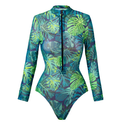 Rash Guard  Beach Print One Piece Swimsuit Beachwear Sun Protection Quick-drying Slim Long Sleeve Swimwear Swimsuit Monokini Vacation