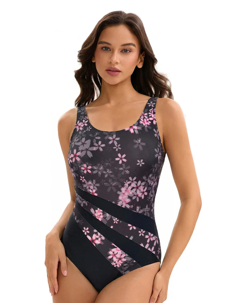 Triangle One-Piece Swimsuit with UPF 50+ Sun Protection Backless Printed Monokini Bathers Flowers