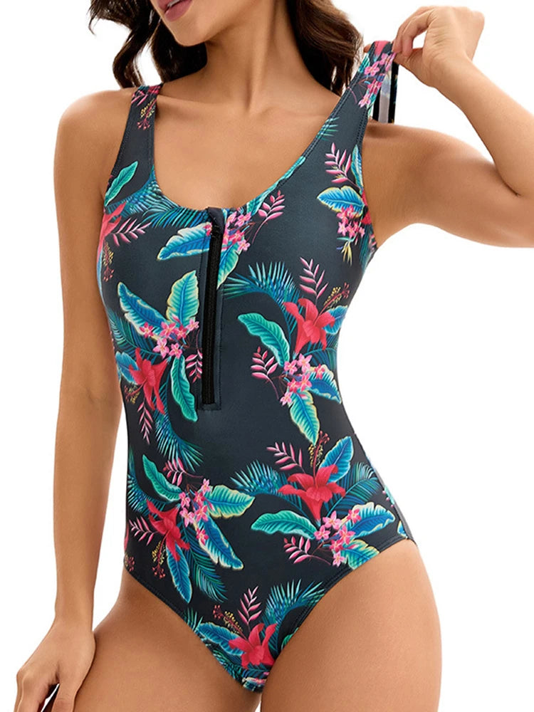 One Piece Swimsuit Women Print O Neck Half Zipper Bodysuit Backless Sleeveless Fashion Beachwear