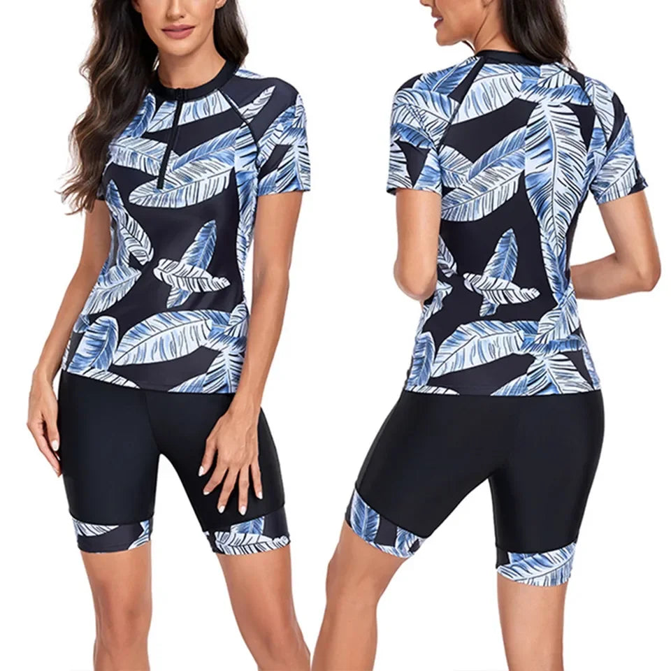 Rash Guard Women's Summer Fashion Sports Print Zipper Round Neck Short Sleeved Surfing Suit Summer Beachwear Swimsuits For Women