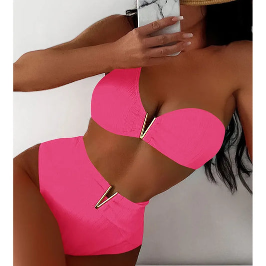 Gold V Bikinis Women Solid Color Swimwear Female Swimsuit Swim Wear Bathing Suits Brazilian Bikini Set Beachwear Bather