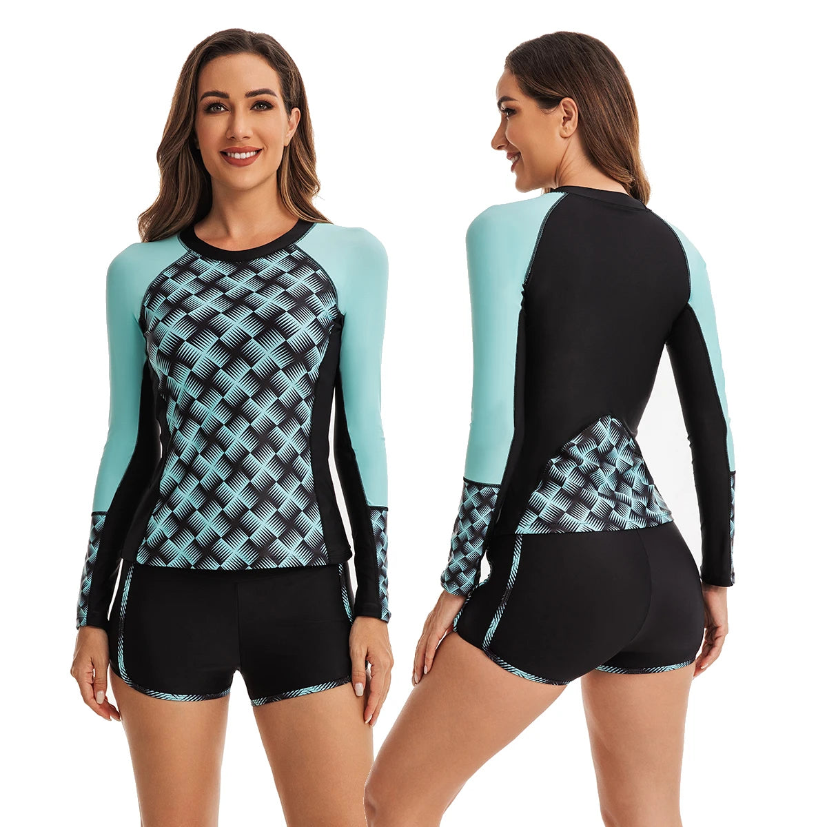 Long Sleeve Swimsuits for Women Two Piece Rash guard Bathing Suit Zip Up Padded Shirt UV Protection Tankini Tops & Bottoms