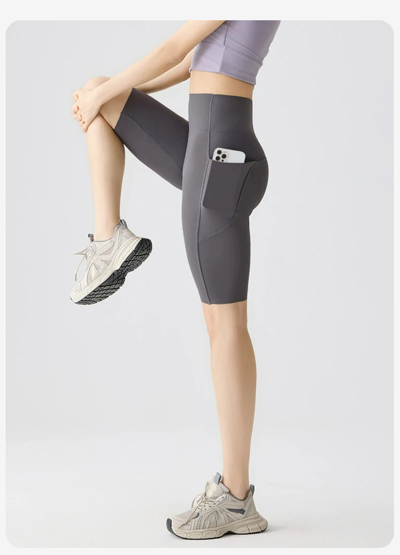 Pocket Yoga Sharkskin Bicycle Shorts Women Thin High Waist Push Up Light Feeling Sports  Fitness Cycling Shorts