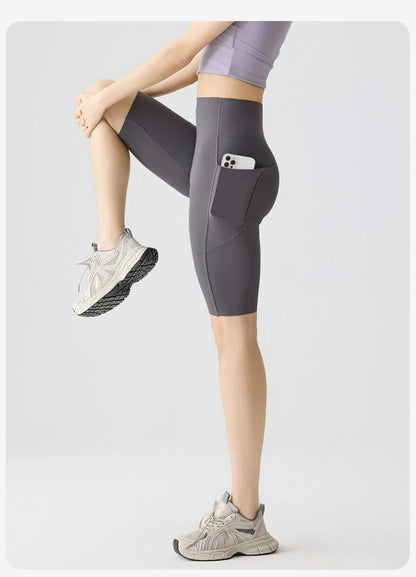 Pocket Yoga Sharkskin Bicycle Shorts Women Thin High Waist Push Up Light Feeling Sports  Fitness Cycling Shorts