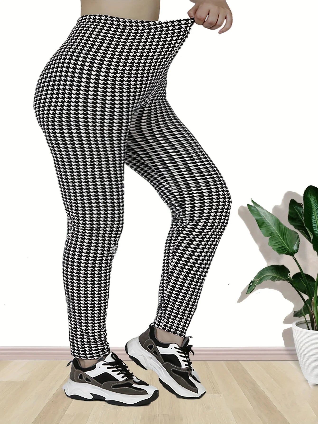Plus Size Elastic Casual Leggings Sports Tight Pants Thousand Bird Plaid Comfortable Soft Breathable Cropped Pants