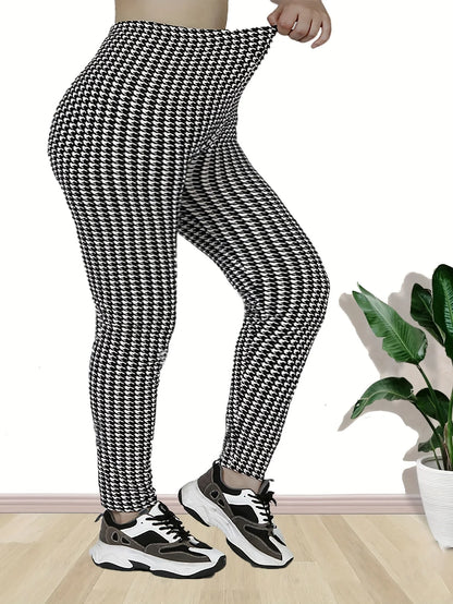Plus Size Elastic Casual Leggings Sports Tight Pants Thousand Bird Plaid Comfortable Soft Breathable Cropped Pants