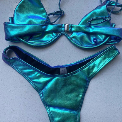 Triangle Bikini holographic Blue Push Up Extreme Thong Swimwear Brazilian Bandage Bathing Suit Swimsuit Micro Biquini