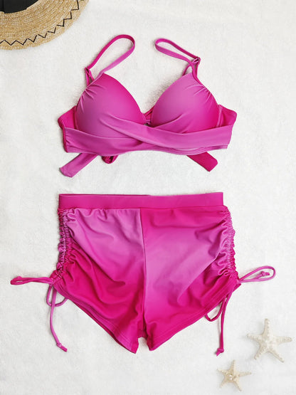 Vintage Yellow Gradient Bikini Set Swimwear Women Halter Cross Push Up Padded Bra High Waist Drawstring Side Pants Swimsuit