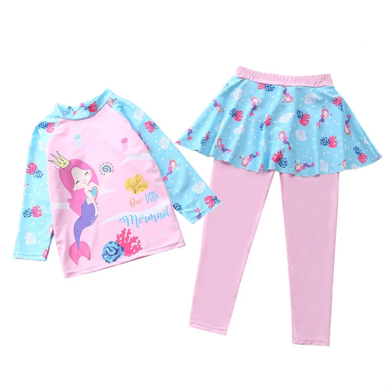 Unicorn Mermaid Kids Swimwear for Girls Long Sleeve Rash guard Pants Leggings Modest Children's Swimsuit Bathing Suit Beach Wear