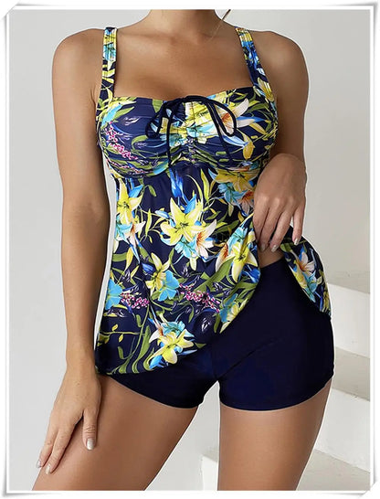 Drawstring Tankini Set Two Piece Swimsuit Short Women Floral Printed Swimwear Female Bathing Suit Beachwear Swimming