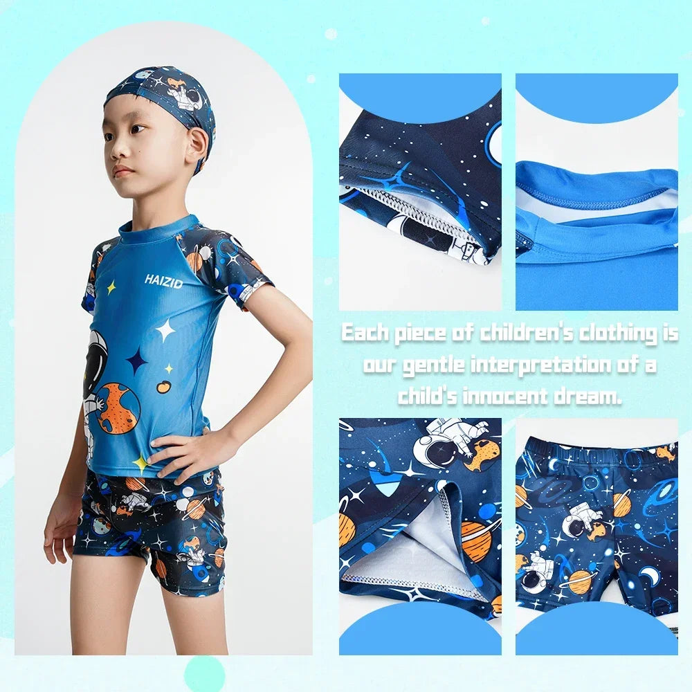 Children's Swimsuit Cartoon Pattern Children's Swimwear Boys Split Design Suitable Swimming Suit Beachwear with Hat