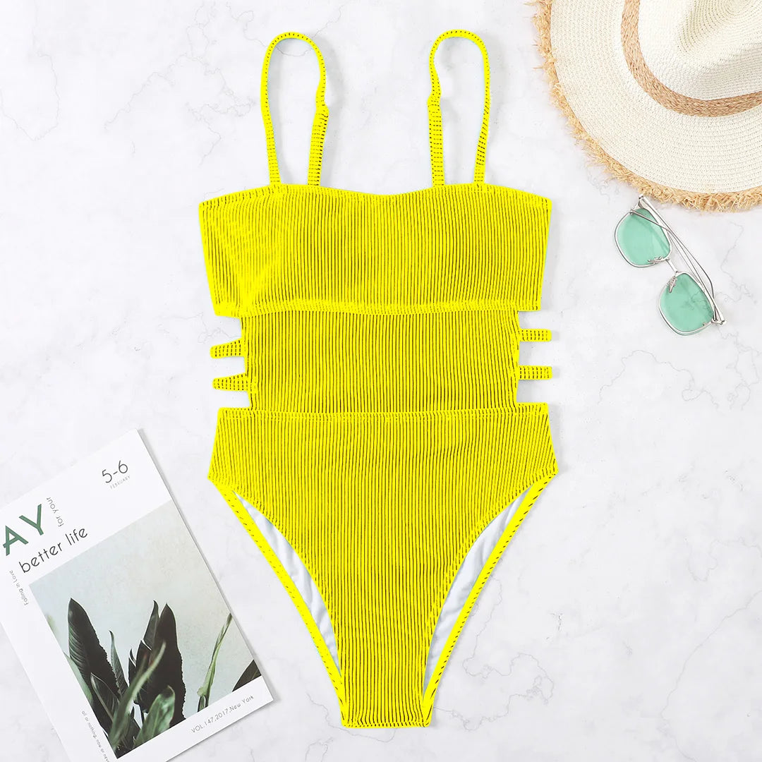 S - XL 11 Colors Ribbed Cut Out One Piece Swimsuit Women Swimwear Female High Leg Cut Padded Bather Bathing Suit Swim Lady