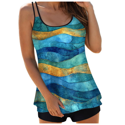 Women's Abstract Print Tankini Swimsuits Double Stretch Strap Crew Neck Cover Tummy Tops and Solid Shorts Conservative Swimwear