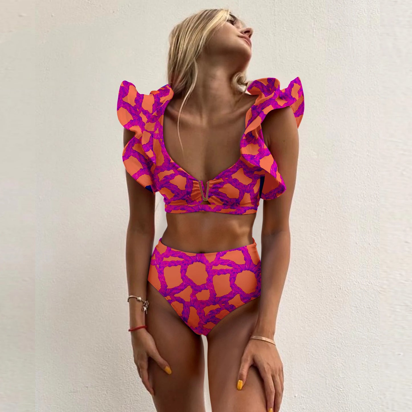 Print Bikini Women Swimwear Push Up Swimsuit High Waist Bikini Halter Backless Bathing Suit Ruffle Beach Wear Summer