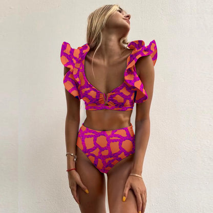 Print Bikini Women Swimwear Push Up Swimsuit High Waist Bikini Halter Backless Bathing Suit Ruffle Beach Wear Summer