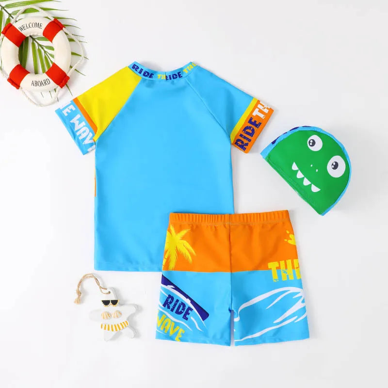 Children's Swimsuit Three-Piece Boy's Swimsuit Swim Cap Short-Sleeved Sunscreen Quick-Drying Shorts Swimsuit Swim Cap Set
