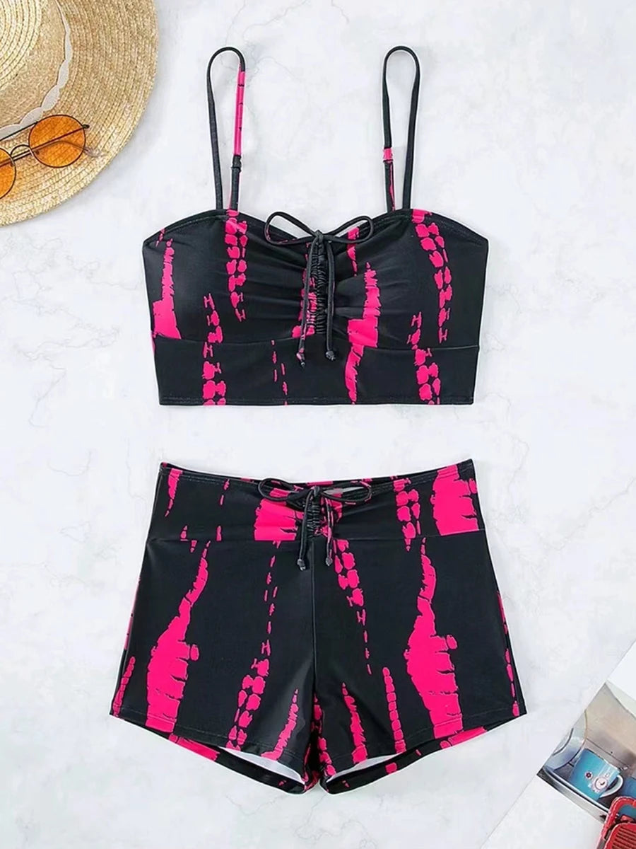 Print String Bikini Swimsuit Women High Waist Shorts Swimwear Female Bathers Bathing Swimming Swim Suit Beachwear
