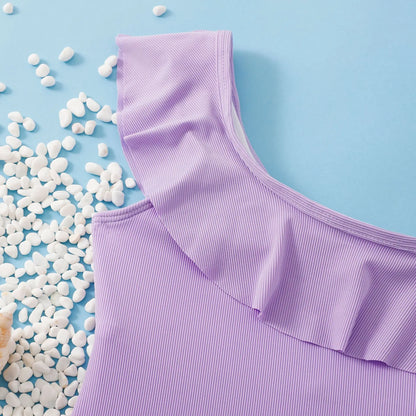 Purple Ruffle Girls One Piece Swimsuit 7-12 Year Kids Swim Suit Bodysuit Children's Swimwear Bathing Suits Beach