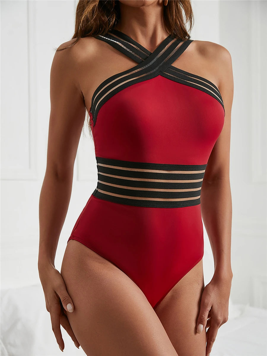 Solid Mesh Tape Swimsuit One Piece High Neck Swimwear Women Cross Front Bathing Suit Female Padded Beachwear Bodysuit