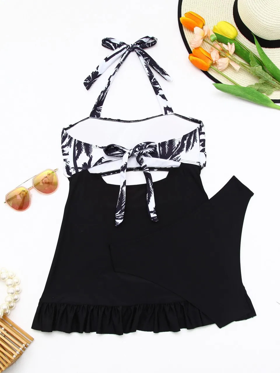 Halter Hollow Swimsuit Ruffle Slit Skirt Two Pieces Tankini With Brief Women Printed Swimwear Female Bathers Bathing Swimming Suit Beachwear
