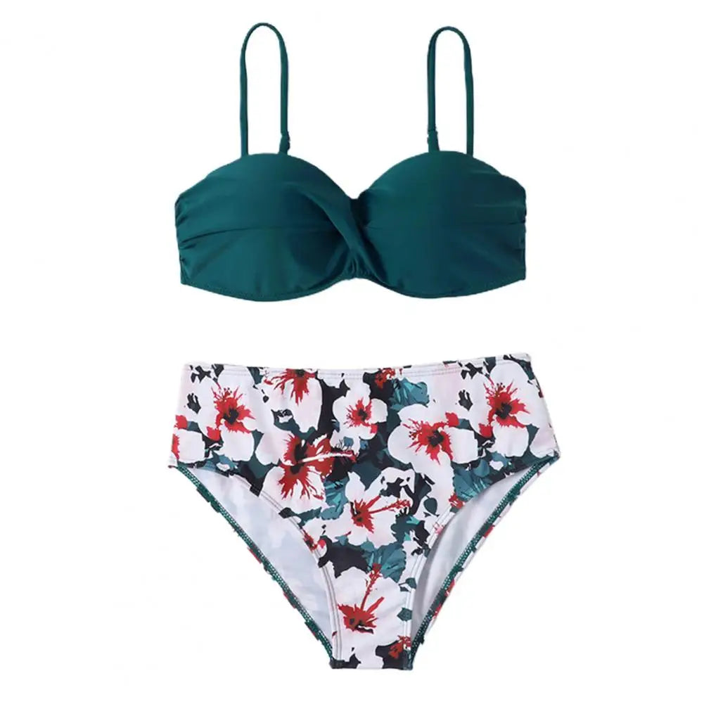Women Bikini Set Solid Color Underwire Padded Push-Up Split Bikini Bra Print High Waist Bottoms Swimsuit Women Bathing Suit
