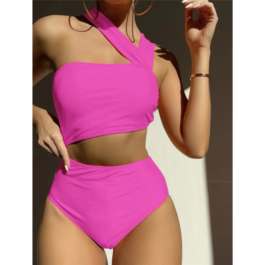S - XL 13 Colors Asymmetric Cut Out One Piece Swimsuit Women Swimwear Female One Shoulder Padded Bather Bathing Suit Swim
