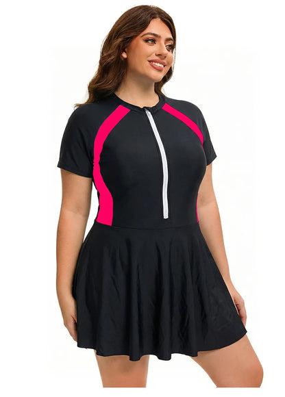 Women's Plus Size Color block Swimwear One Piece Swimsuit Full Zip Short Sleeve Rash Guard UPF 50+ Beach Bathing Suit Beachwear