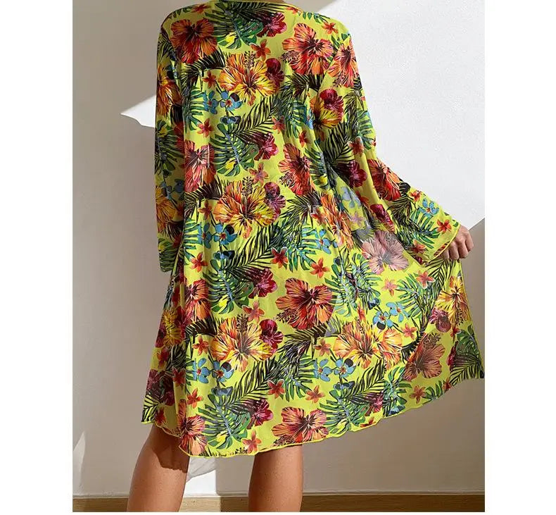 Split Three Piece Floral Printed Swimsuit Women Bikini Set Wireless Bra with Pad Sport Top Long sleeve Blouse Swimwear