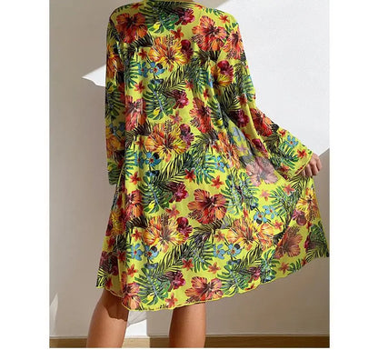 Split Three Piece Floral Printed Swimsuit Women Bikini Set Wireless Bra with Pad Sport Top Long sleeve Blouse Swimwear