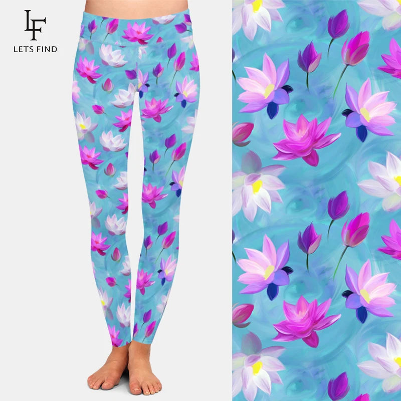 Lotus Flowers Digital Printing Women High Waist Elastic Pants High Quality Workout Stretch Leggings