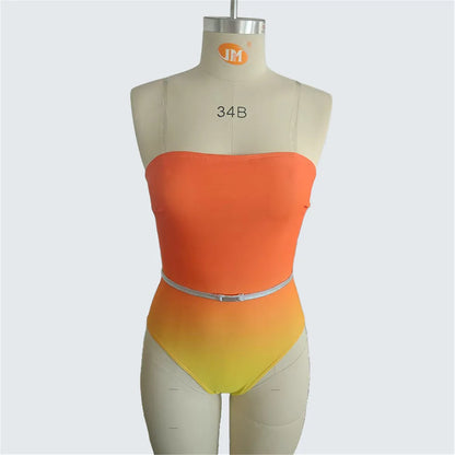 S - XXL Bandeau Gradient With Belt One Piece Swimsuit Women Swimwear Female Monokini High Leg Cut Bather Bathing Suit Swim