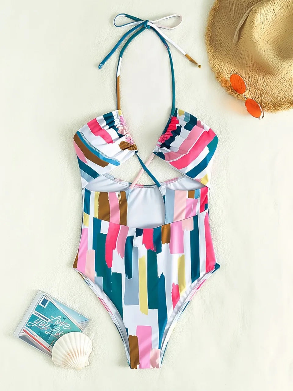 Halter String One Piece Printed Swimsuit Women Hollow Swimwear Female Bathers Bathing Swimming Suit Padded Beachwear
