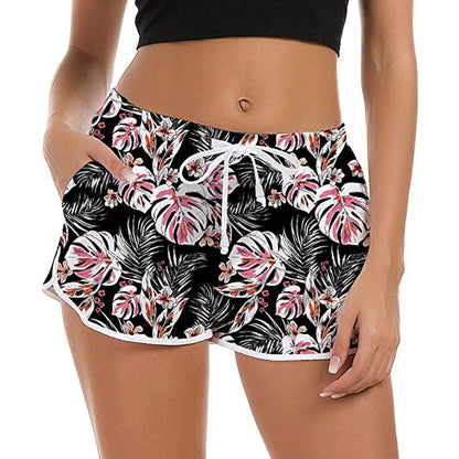 Women Summer Sports Shorts Floral Beach Boardshorts with Pockets Female Swim Trunks Female Workout Gym Clothes Fitness Sportwear
