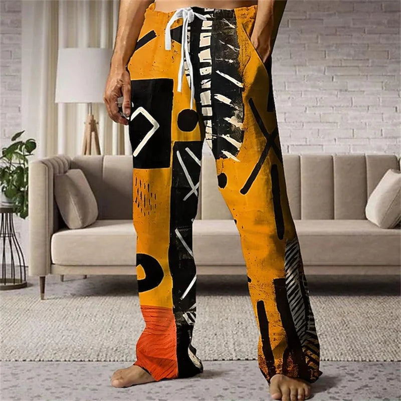 Stylish Men's Casual Pants Retro Classic Print Casual Pants Beach Wide-Leg Pants Streetwear Loose-Fit Athletic Pants