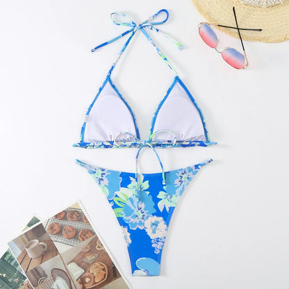 Halter Printed Bikini Women Thong Swimwear Female Triangle Swimsuit Bathers Bathing Swimming Swim Suit Beachwear Summer