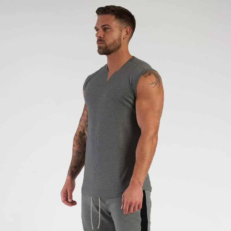 Cotton V-neck Fitness Tank Top Men Summer Muscle Vest Gym Clothing Bodybuilding Sleeveless Shirt Workout Sports Singlets