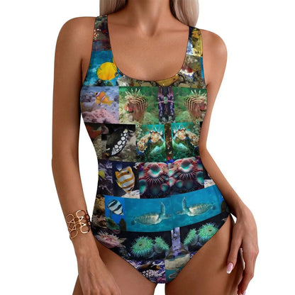 Rainbow Sea Fish Swimsuit Cute Animal Print One-Piece Swimwear Push Up Bodysuit Kawaii Holiday Rave Bathing Suit
