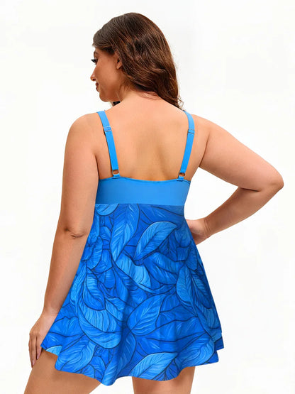 Women's Plus Size Tankini Set - Blue Botanical Printed Skirted Top + Boy Short Bottoms, Flattering Swimwear for Beach Vacation