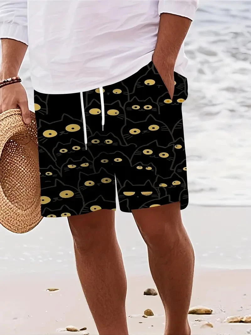 Black Cat Printed Beach Shorts For Men Women Sports Shorts Fashion Loose Casual Summer Quick Dry Swimming Trunks Board Shorts