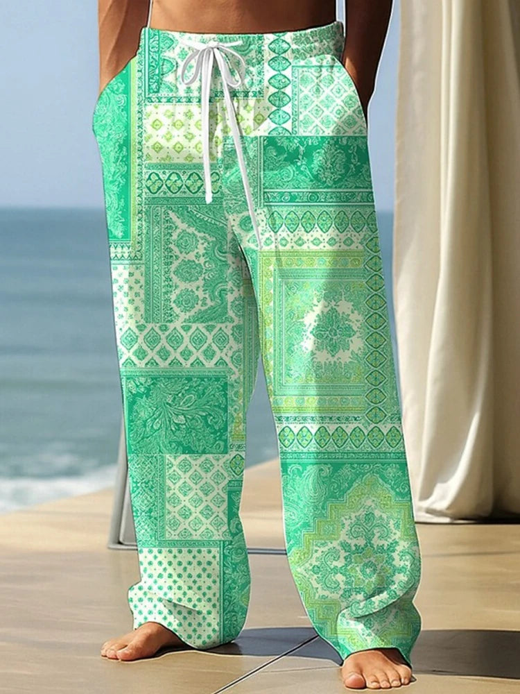 Summer Drawstring Loose-Fit Men's Wide-Leg Pants 3D Retro Patchwork Print Casual Trousers Everyday Wear Long Pants