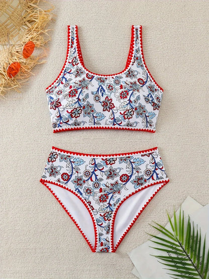 Strappy Stitch Detail Bikinis Triangle Swimwear Female Printed Swimsuit Women Bathers Bathing Swimming Suit Beachwear
