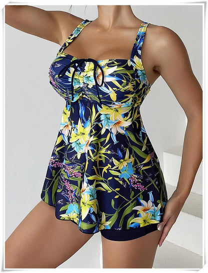Drawstring Tankini Set Two Piece Swimsuit Short Women Floral Printed Swimwear Female Bathing Suit Beachwear Swimming